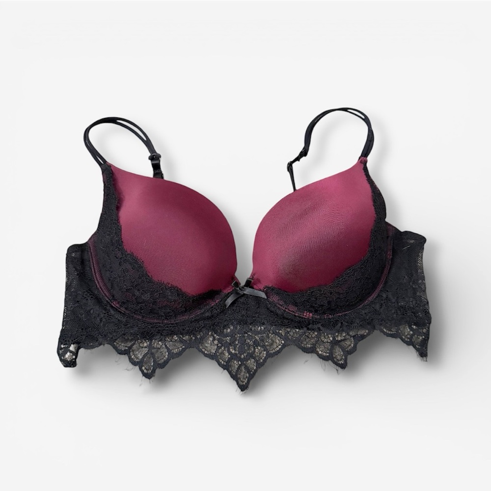 Super Push Up Bra Lace Trimmed Bra in Burgundy and Black Adds 2 Cup Sizes 36D